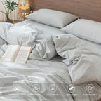 MooMee Striped Duvet Cover Set 100% Washed Cotton Linen Like Textured Breathable Durable Soft Comfy (Heathered Green Pinstripes, Queen 90"x90")
