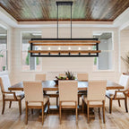 Farmhouse Dining Room Light Fixtures Rectangle Chandeliers Kitchen Island Lighting Vintage Pendant Lights Fixture 6-Lights Wood Grain Iron Chandelier for Dining Room Living Room Kitchen