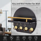Nekon Key Holder for Wall - 9.8 Inch Apartment Wall Decor with Shelf and 8 Key Hooks, Circular Wood Key Hanger for Home Decor (Black with Golden Hooks)