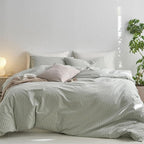 MooMee Striped Duvet Cover Set 100% Washed Cotton Linen Like Textured Breathable Durable Soft Comfy (Sage Green White Wide Stripes, Full 80"x90")