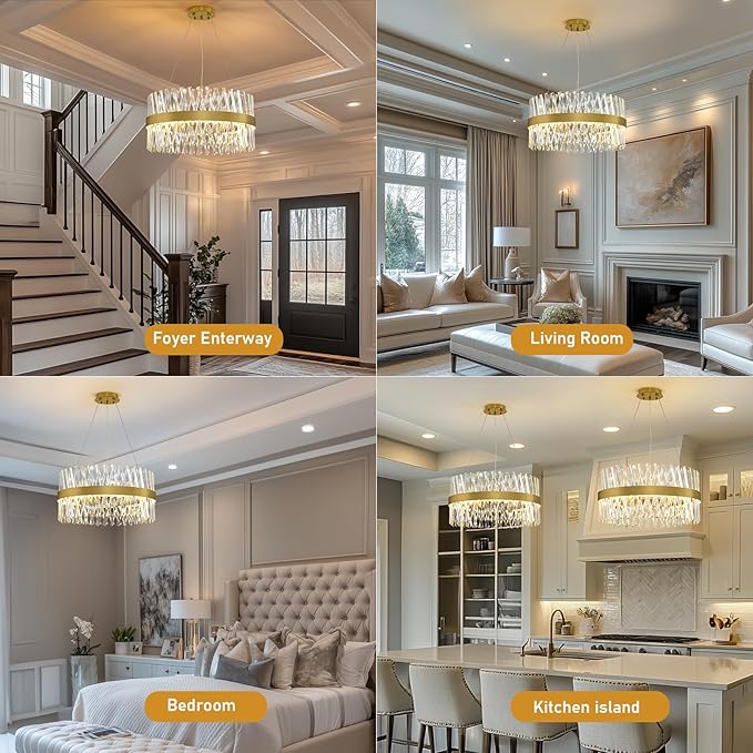 Modern Crystal Chandeliers, Crystal Chandelier for Dining Room, 24 Inch Round Gold Chandelier. Suitable for Living Rooms, Kitchens, bedrooms, and Entrance Halls. Elegant Chandeliers.