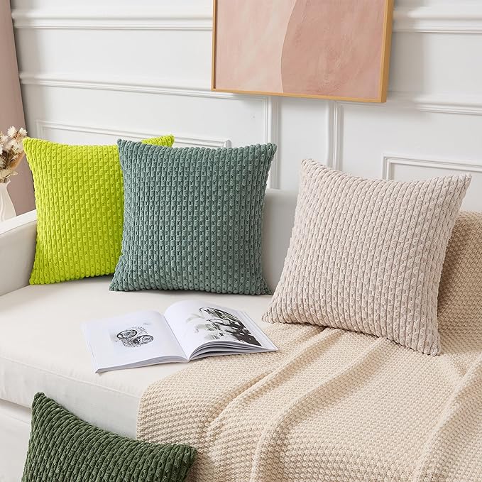 Kevin Textile Decorative Pillow Covers Set of 2 Striped Plush Corduroy Pillows Pillowcases Boho Home Decor Cushion Covers for Couch Sofa Bed Living Room 24x24 Inch, Christmas Green