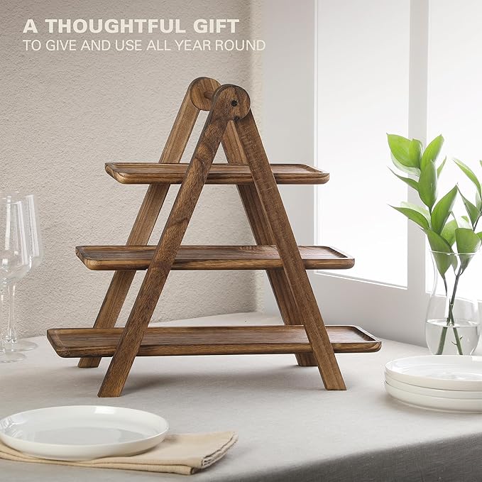 Gibson Home Truss Peak 3 Tier Serving Tray for Party, 18" Acacia Wood Cupcake/Charcuterie/Dessert Farmhouse Tiered Platters with Collapsible Wood Rack