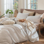 MooMee Striped Duvet Cover Set 100% Washed Cotton Linen Like Textured Breathable Durable Soft Comfy (White Cornflower Blue Wide Stripes, Full 80"x90")