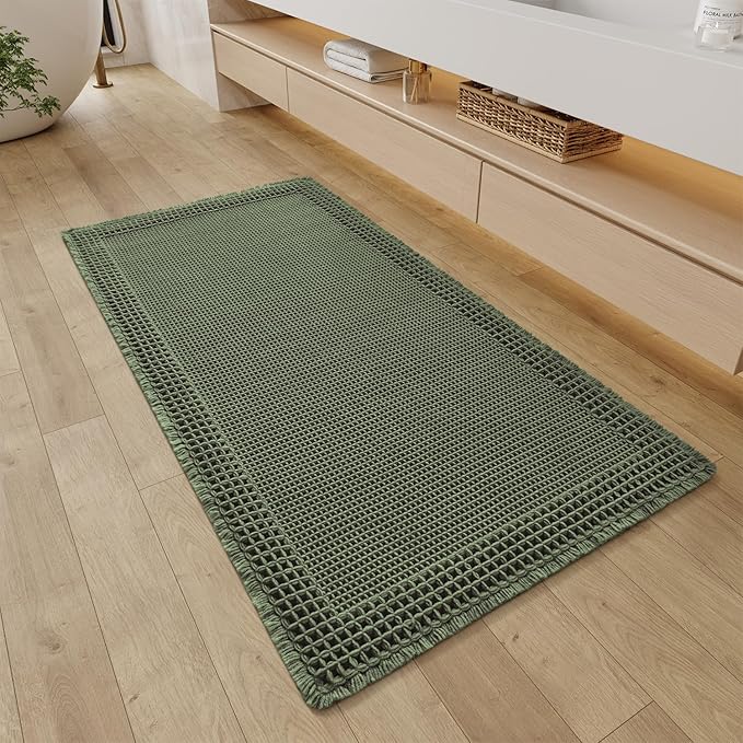 RESARE Waffle Bathroom Runner Rugs, Super Absorbent Bath Mat Non Slip Washable Quick Dry, Upgraded Ultra Soft Boho Bath Rugs with Tassels for Hallway Bedroom Laundry Room, 2'x4'(24"x48"), Green