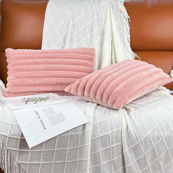 12x20 Throw Pillow Covers Set of 2, Decorative Faux Fur Covers for Bed, Couch Soft Fluffy Pillow Cover with Velvet Back for Living Room, Neutral Home Décor Accent for Sofa - Pink