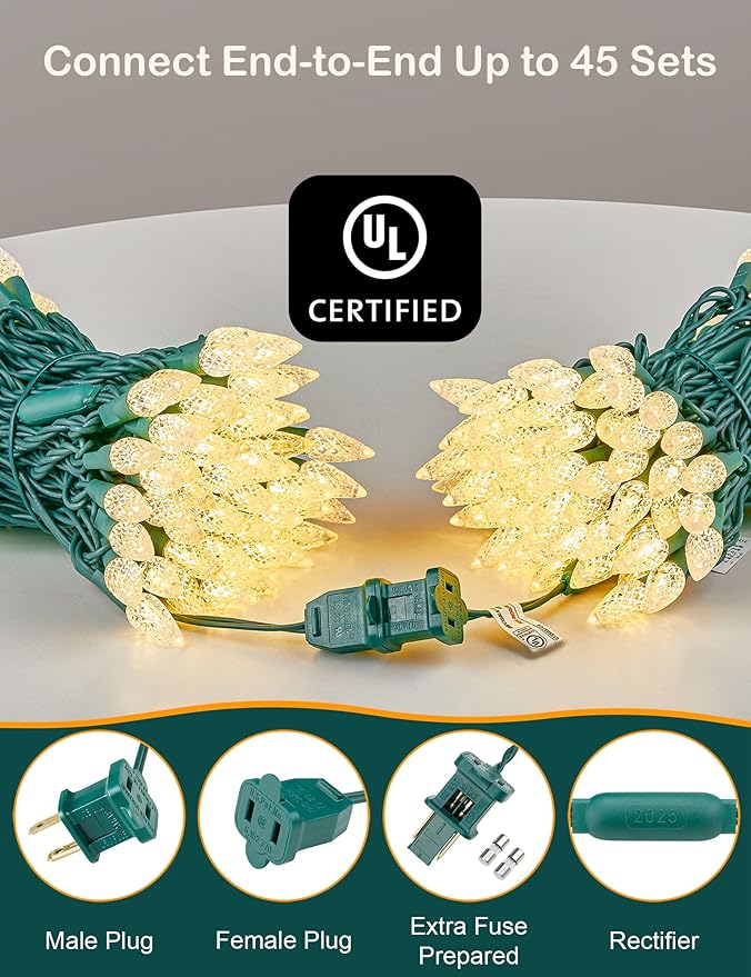 BOHON Christmas Lights Outdoor, Faceted C6 17ft 50 LED String Lights Plug in, Extendable Green Wire Warm White Christmas String Lights for Indoor Xmas Tree Decoration Waterproof UL Certified