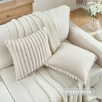 FUTEI Beige Striped Decorative Throw Pillow Covers 16x16 Inch Set of 2,Square Spring Decorations Couch Pillow Case,Soft Cozy Faux Rabbit Fur & Velvet Back,Modern Home Decor for Bed