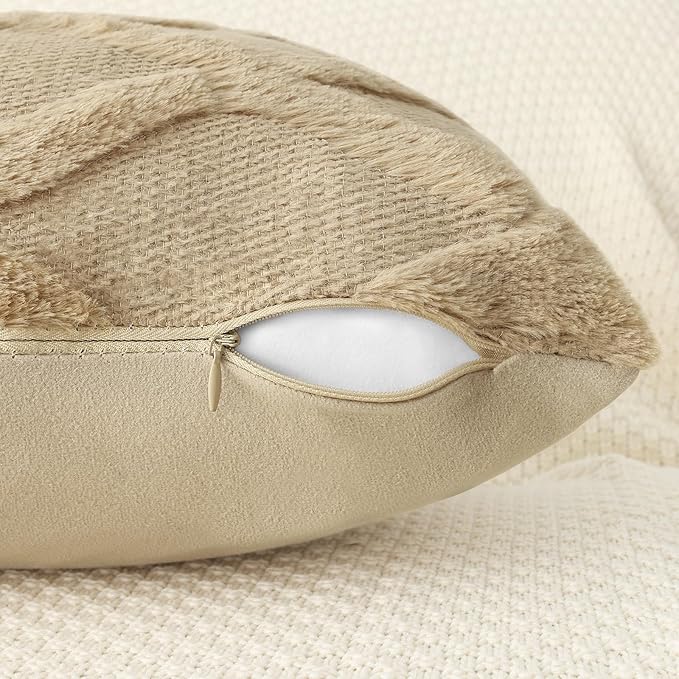 decorUhome Throw Pillow Covers 12x20 Inch Set of 2, Soft Plush Faux Fur Wool Lumbar Khaki Couch Pillow Covers, Decorative Neutral Pillow Cases for Bed Sofa Living Room Home Decor