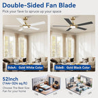 52Inch Smart Ceiling Fan with Lights Remote,APP&Alexa WIFI Controled,Quiet Reversible DC Motor,Dimmable LED,Indoor Outdoor Modern Ceiling Fan,for Living Room Bedroom Patio Porch,Gold White&Black