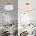 Modern Semi Flush Mount Ceiling Light Modern Gold 3-Lights Drum Ceiling Lighting Fixture Vintage Linen Golden Ceiling Lamp for Laundry Room, Kitchen, Basement, Dining Room, Bedroom