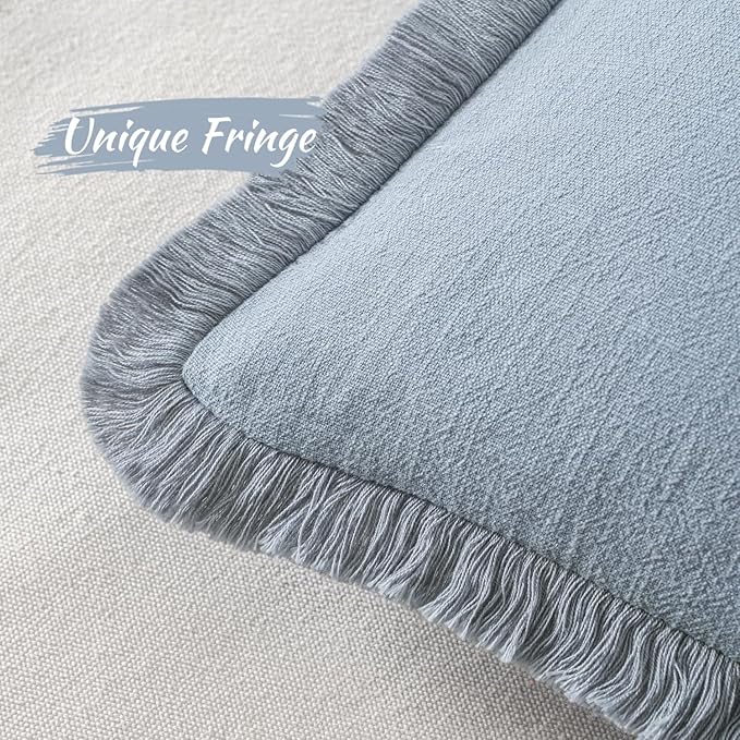 MIULEE Decorative Throw Pillow Covers Neutral Linen Fringe Throw Pillows Euro Shams Set of 2 Light Blue Boho Farmhouse Cushion Covers for Couch Sofa Bed Living Room Spring Home Decor 26x26 Inch