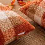 Orange Plaid Fall Throw Pillow Covers 20x20 Inch Set of 2, Boucle Decorative Pillow Covers,Cozy Fluffy Home Living Room Farmhouse Decor for Sofa Couch Bed
