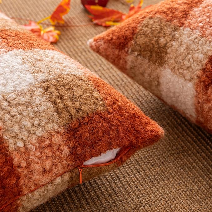 Orange Plaid Fall Throw Pillow Covers 18x18 Inch Set of 2, Boucle Decorative Pillow Covers,Cozy Fluffy Home Living Room Farmhouse Decor for Sofa Couch Bed