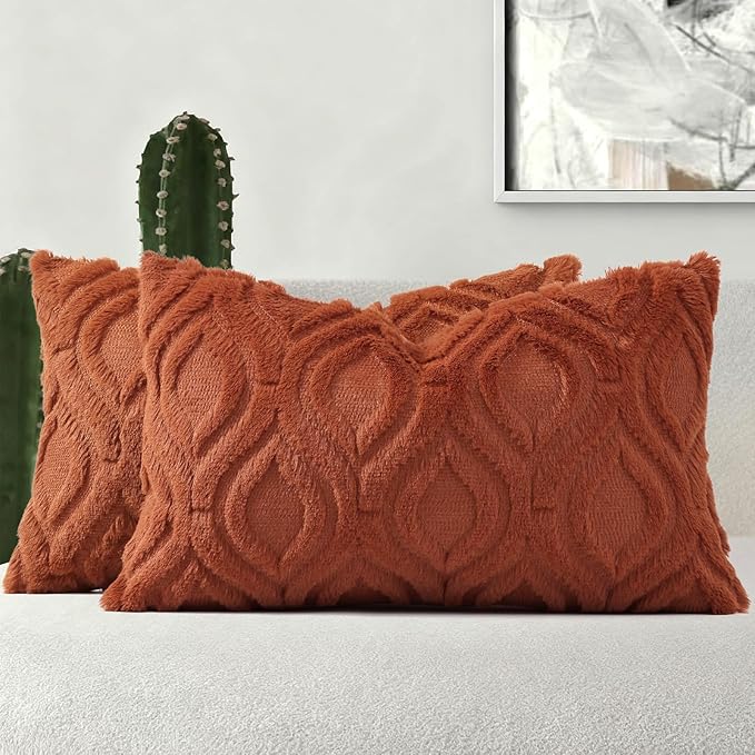 decorUhome Fall Throw Pillow Covers 12x20 Inch Set of 2, Soft Plush Decorative Faux Fur Rust Solid Couch Pillow Covers, Accent Farmhouse Neutral Lumbar Euro Pillow Cases for Sofa Bed Living Room