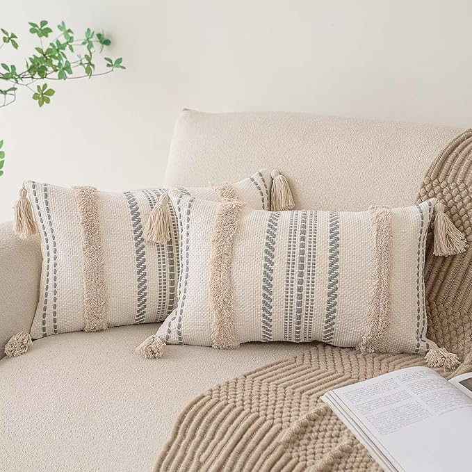 Boho Throw Pillow Covers 12x20 Set of 2 Woven Tufted Farmhouse Pillows Cover with Tassels Textured Striped Cushion Case Lumbar Pillow Cases Decorative Pillowcase for Sofa, Couch, Bed, Khaki