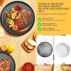 40 Piece Stackable Dinnerware Set for Small Kitchens, Modern Minimalist Plates & Flat Bottom Bowls (Pasta/Salad), Unbreakable & Microwave Safe, Black
