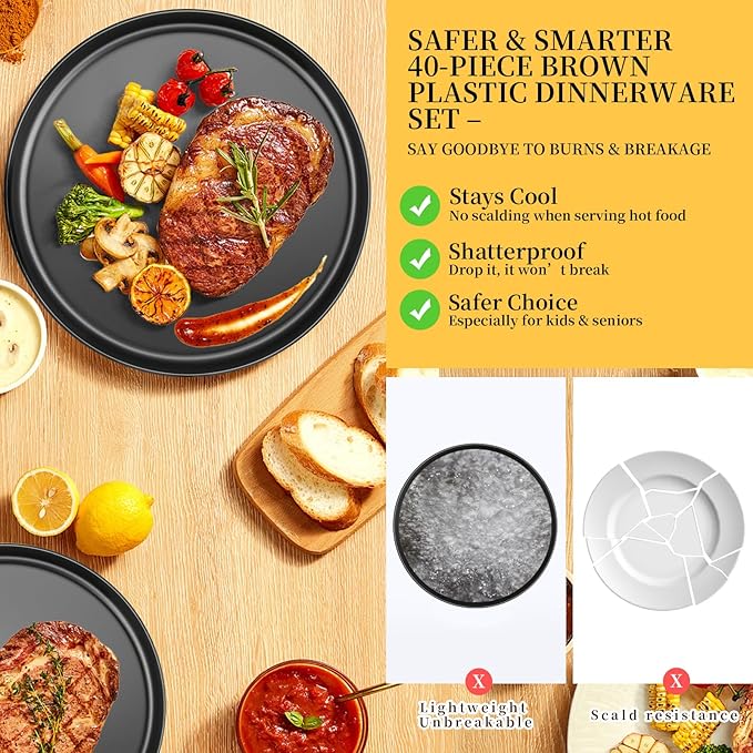 40 Piece Stackable Dinnerware Set for Small Kitchens, Modern Minimalist Plates & Flat Bottom Bowls (Pasta/Salad), Unbreakable & Microwave Safe, Modern