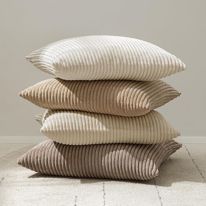 MIULEE Winter 24x24 Pillow Covers Set of 2 Soft Striped Corduroy Euro Pillow Shams for Couch Living Room Sofa Car 24 x 24 Inch Cream White