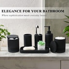 6-Piece Bathroom Accessories Set, Organizer Set with Soap Dispenser, Toothbrush Holder Set, Vanity Tray, Tumbler & 2 Cotton Swab Jars – Modern Stylish Bathroom Storage(Matte Black)