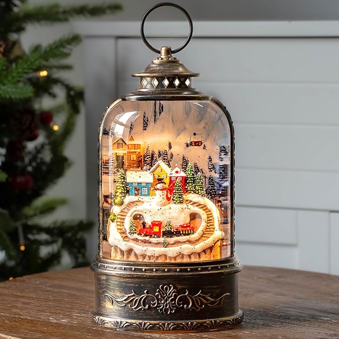 Christmas Snow Globe Lantern Water Glittering Snowman & Train with Music & Timer, USB Lined/Battery Operated Lighted Lantern for Christmas Festival Decoration Gifts