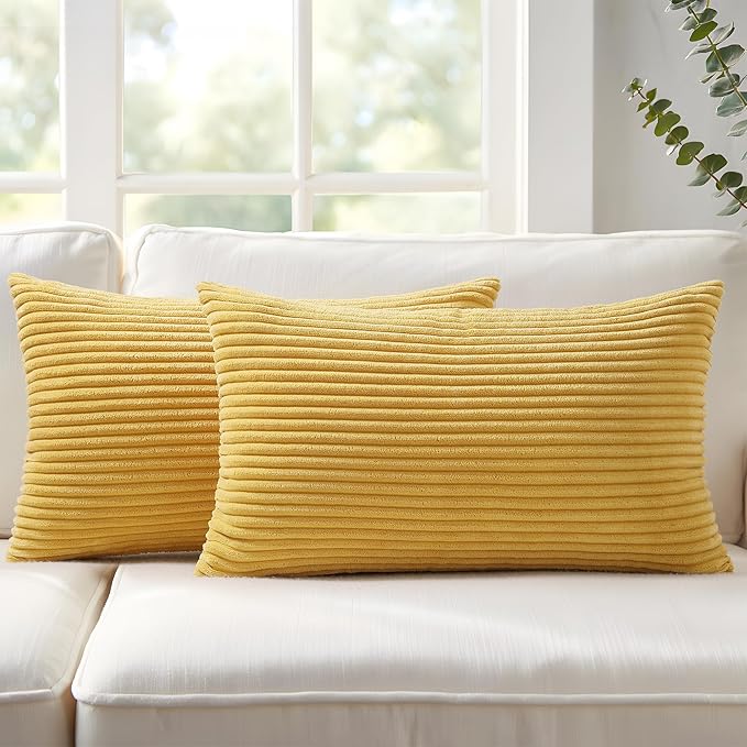 Mecatny Corduroy Decorative Throw Pillow Covers 12x20 Set of 2 for Sofa Living Room, Soft Neutral Boho Couch Pillow Covers for Home Decor, Mustard Yellow