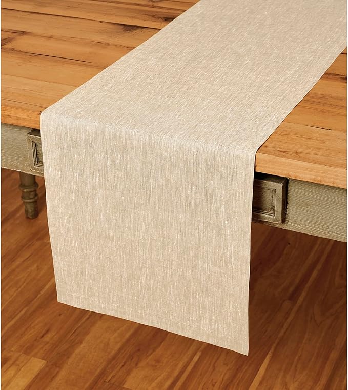 Solino Home Linen Champagne Beige Table Runner 120 Inches Long - Athena, 100% Pure Linen Dining Table Runner 14 x 120 Inch for Fall, Autumn, Thanksgiving, Christmas