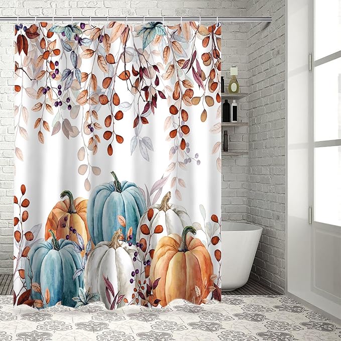 Fall Thanksgiving Shower Curtain, Watercolor Autumn Pumpkins Eucalyptus Leaves Shower Curtains Set with Hooks, Blue Orange Waterproof FabricBathroom Decor Home Accessories,72 X 72 Inch Long