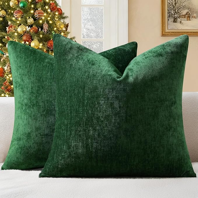 decorUhome Chenille Christmas Green Throw Pillow Covers 26x26 Inch Set of 2, Decorative Soft Couch Pillow Covers Solid Dyed Accent Velvet Farmhouse Neutral Square Pillow Cases for Sofa Bed Living Room