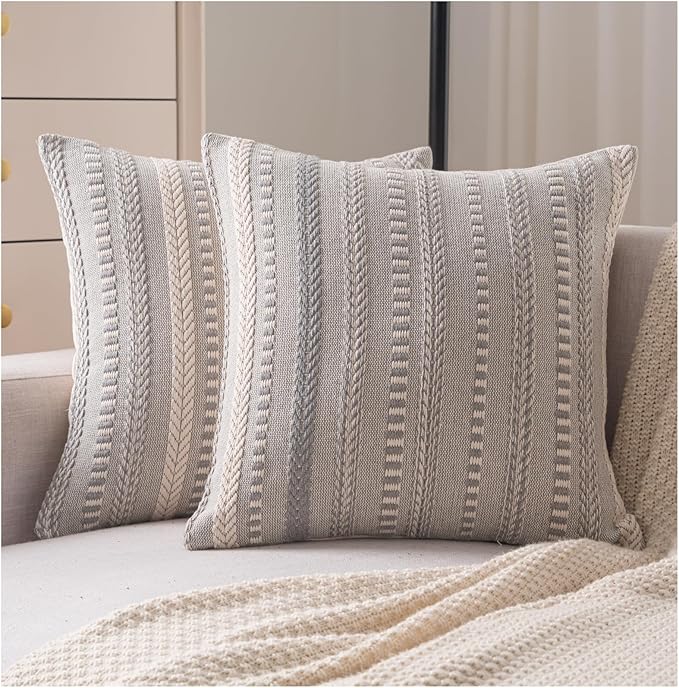 Boho Throw Pillow Covers 18x18 Inch Set of 2, Farmhouse Decorative Couch Pillow Cases, Grey Accent Pillows of Bed, Sofa Bedroom Living Room Home Decor Cushion Cover