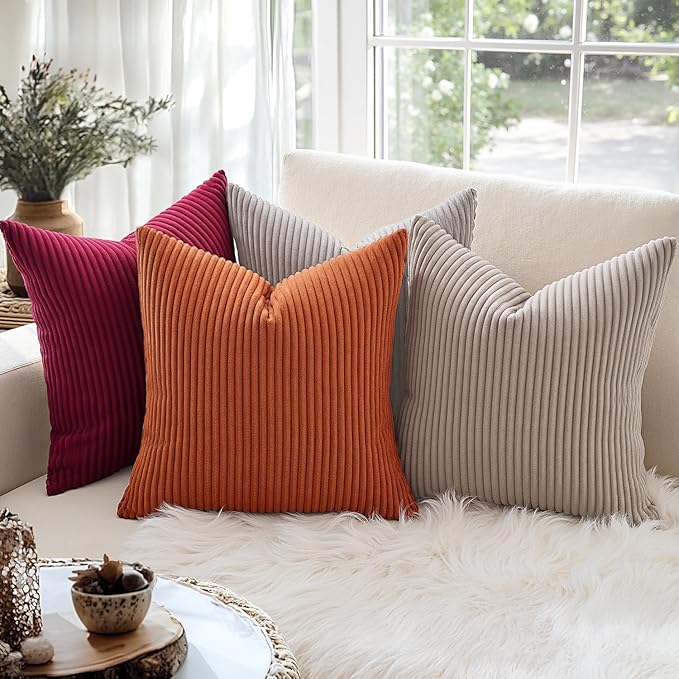 MIULEE Pack of 2 Rust Pillow Covers 24x24 Inch Soft Boho Striped Corduroy Throw Pillow Covers Set Decorative Square Cushion Cases Pillowcases for Sofa Bedroom Couch