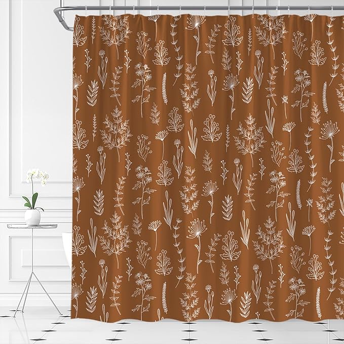 Burnt Orange Botanical Shower Curtain Vintage Herbs Floral Farmhouse Cute Boho Leaves Plant Retro Flowers Bathroom Curtain Set with Hooks(74.8" Wx70 H)