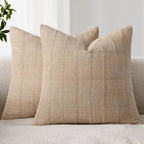 Woaboy Linen Check Throw Pillow Covers Set of 2 - Light Brown Farmhouse Modern Boho Vintage Decorative Cushion Covers for Sofa Couch Bedroom Living Room Decor 20x20 Inch