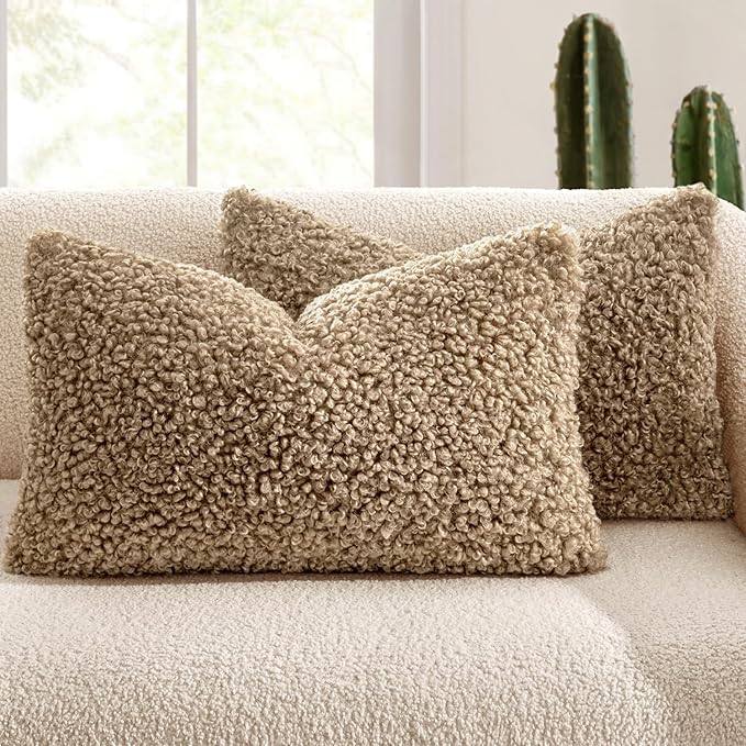 MIULEE Pack of 2 Lumbar Throw Pillow Covers 12x20 Inch Neutral Khaki Faux Fur Decorative Sherpa Pillow Covers Fuzzy Accent Soft Sheepskin Fleece Cushion Cases for Boho Home Decor Living Room Bed Chair