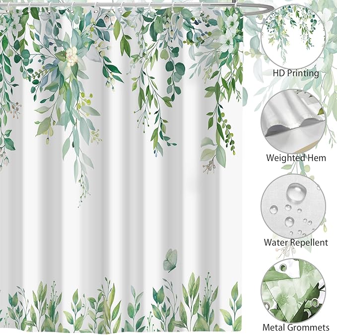 Eucalyptus Shower Curtain, Light Green Watercolor Leaves with Floral Botanical Bathroom Decor, Waterproof Fabric Bath Curtain Set with Hooks, 72x72 Inches