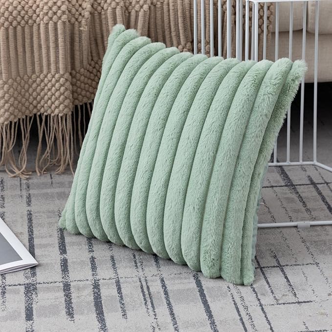 Set of 2 Light Green Faux Fur Decorative Throw Pillow Covers Fluffy Striped Pillowcase Cushion Covers 16 x 16 Inch Decor Sofa Couch Bedroom