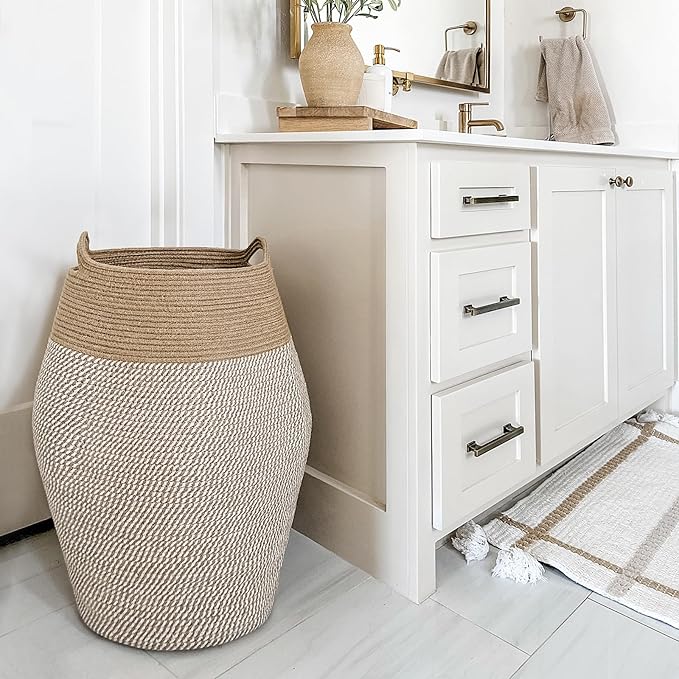 Goodpick Laundry Hamper | Woven Cotton Rope Dirty Clothes Hamper Tall kids Curve Laundry Basket Large, 25.6 x 17.71 Inch