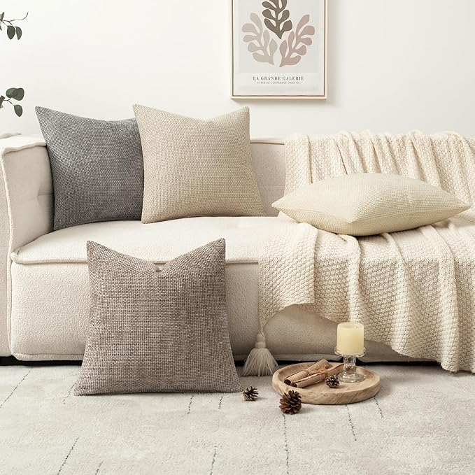 MIULEE Pack of 4 Christmas Couch Throw Pillow Covers 18x18 Inch Neutral Beige/Brown Soft Decorative Chenille Pillow Covers Farmhouse Accent Cushion Covers for Boho Home Decor Sofa Bedroom Living Room