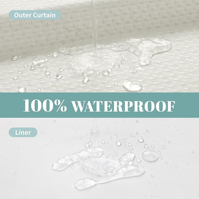 Cream No Hook Waffle Weave Shower Curtain with snap-in Liner Replacement, 230GSM Waterproof Fabric Hotel Shower Curtain Set for Bathroom, Through Mesh Top Window,71Wx77H