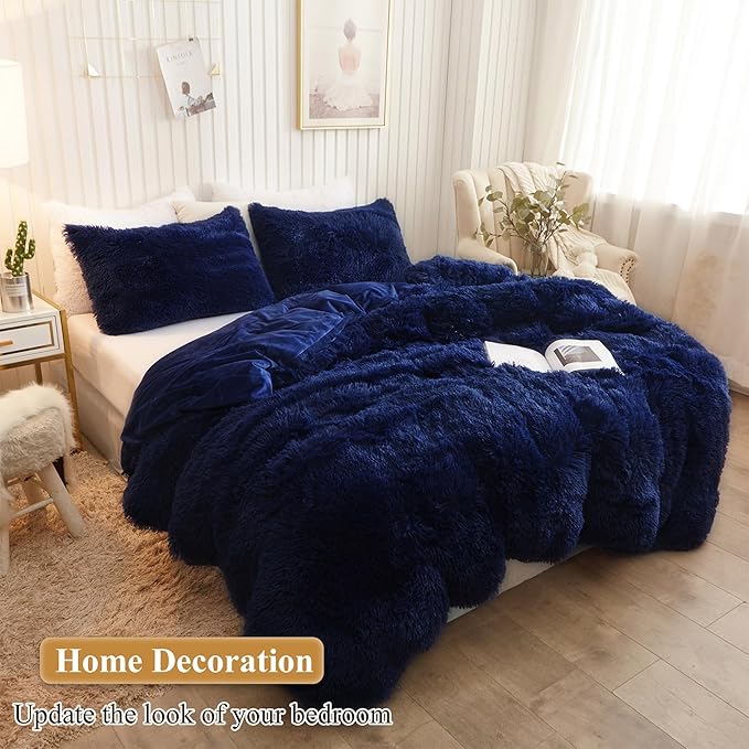 XeGe Faux Fur Throw Pillow Covers, Shaggy Fluffy Cushion Covers, Plush Furry Pillow Cases, Fuzzy Decorative Pillow Shams with Zipper Set of 2 for Sofa Bed Couch Living Room (18''x18'', Navy Blue)