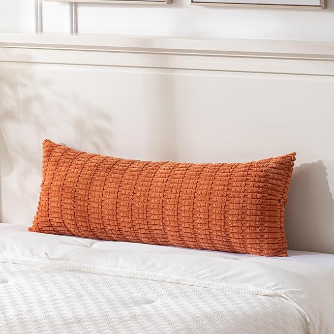 Fancy Homi Burnt Orange Long Body Lumbar Decorative Throw Pillow Cover 20x54 Inch for Bedroom Couch Bed Sofa, Farmhouse Boho Fall Room Decor, Soft Striped Corduroy Rectangle Pillow Case