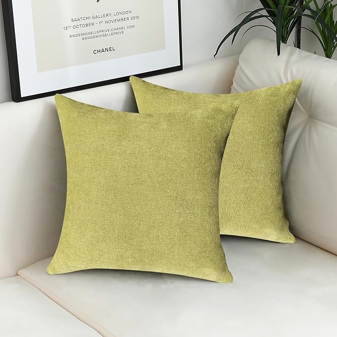 Jeneoo Decorative Grass Green Throw Pillow Covers Square Chenille Comfy Solid Cushion Couch Cases for Home Livingroom Sofa Decor (Set of 2, 18 x 18 Inches)