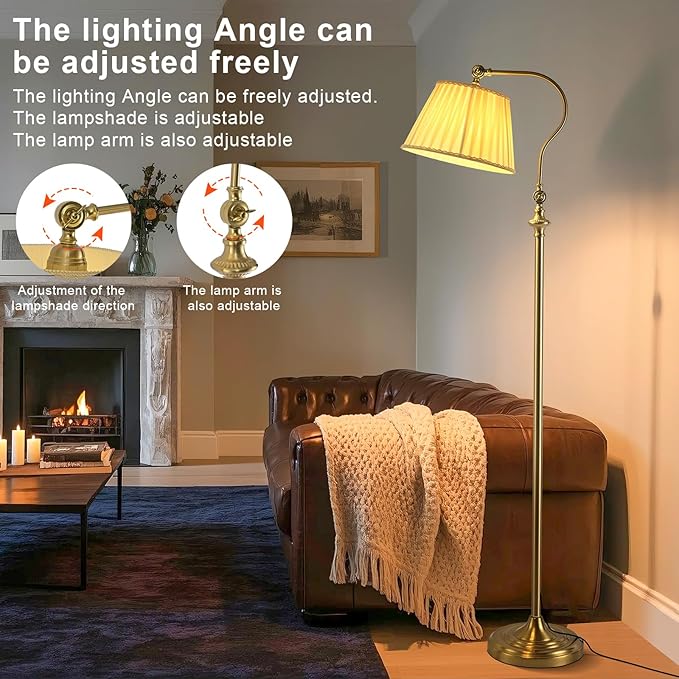 Gold Brass Floor Lamp with Fabric Shade,12W Smart Remote and Bluetooth Dimmable, Standing Lamps for Living Room Bedroom Farmhouse Office,Mid Century Rustic Vintage Antique Boho Tall Reading Light