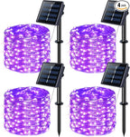 JMEXSUSS 4 Pack Purple Solar String Lights Outdoor Waterproof, 100 LED 33ft Purple Solar Fairy Lights, 8 Modes Copper Wire Christmas Light for Halloween Christmas Garden Yard Tree Decor