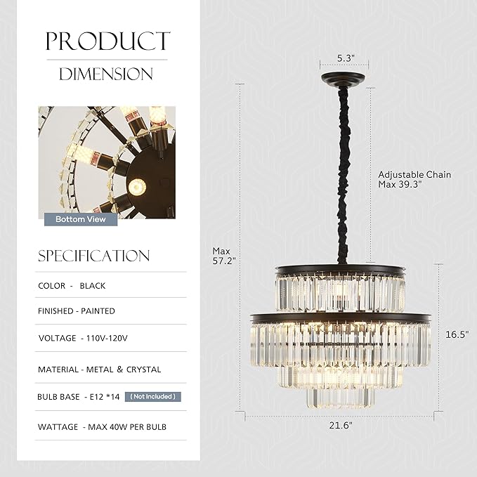 21.6" 14-Light Modern Crystal Chandelier Light Fixtures 4-Tier Black Luxury Chandeliers for Dining Room Round Hanging Pendant Lighting for Living Room Kitchen Entryway Bedroom Foyer Hallway