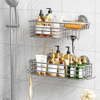 TAILI Shower Caddy Suction Cup 2 Pack with Hooks and Soap Holder, Heavy Duty Shower Organizer for Bathroom, No Drilling Silver bathroom suction shelves