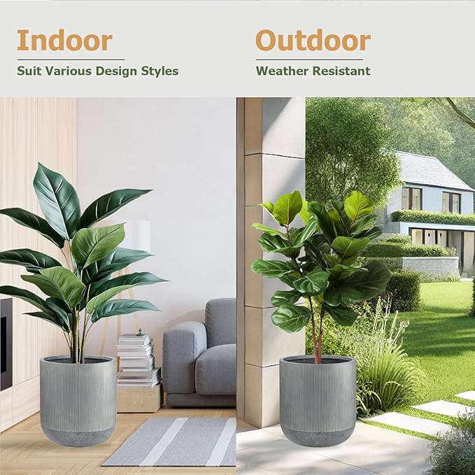 14.2" H x 13" D Ribbed Radius Fiberstone Round Planter with Drainage Hole, Weather Resistant for Indoor and Outdoor Use, Included 2 Extra Coco Mats (Charcoal, 11.5" Pot Opening)