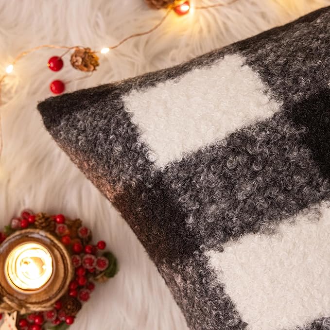 AQOTHES Black White Plaid Winter Throw Pillow Covers 12x20 Inch Set of 2, Boucle Faux Fur Pillow Covers,Cozy Fluffy Home Living Room Farmhouse Decor for Sofa Couch Bed