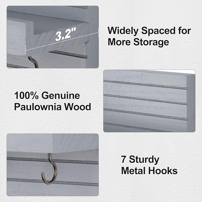 Key Holder Wall Mount, Entryway Mail Organizer with Shelf, Decorative Key Hanger with 7 Hooks Holds Leashes and Glasses, Includes Mounting Hardware (13.8” x 5.3” x 3.2”)
