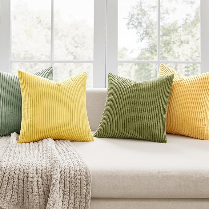 MIULEE Boho Farmhouse Yellow Green Throw Pillow Covers 18x18 Inch Set of 4 Mordern Nordic Cushion Covers Soft Corduroy Home Decor for Couch Bed Sofa Living Room